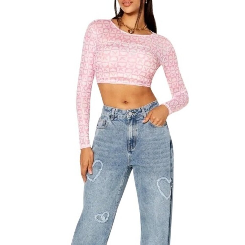 PLAYBOY Pastel Pink Logo Checkered Long Sleeve Crop Top